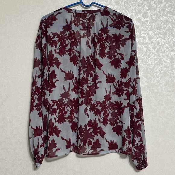 A New Day Gray Red Floral Print Long Sleeve Blouse Top‎ Semi Sheer Shimmery XL - Picture 2 of 7